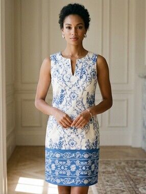 London Times Women's Size 2 Blue White Floral Damask Sleeveless Sheath Dress